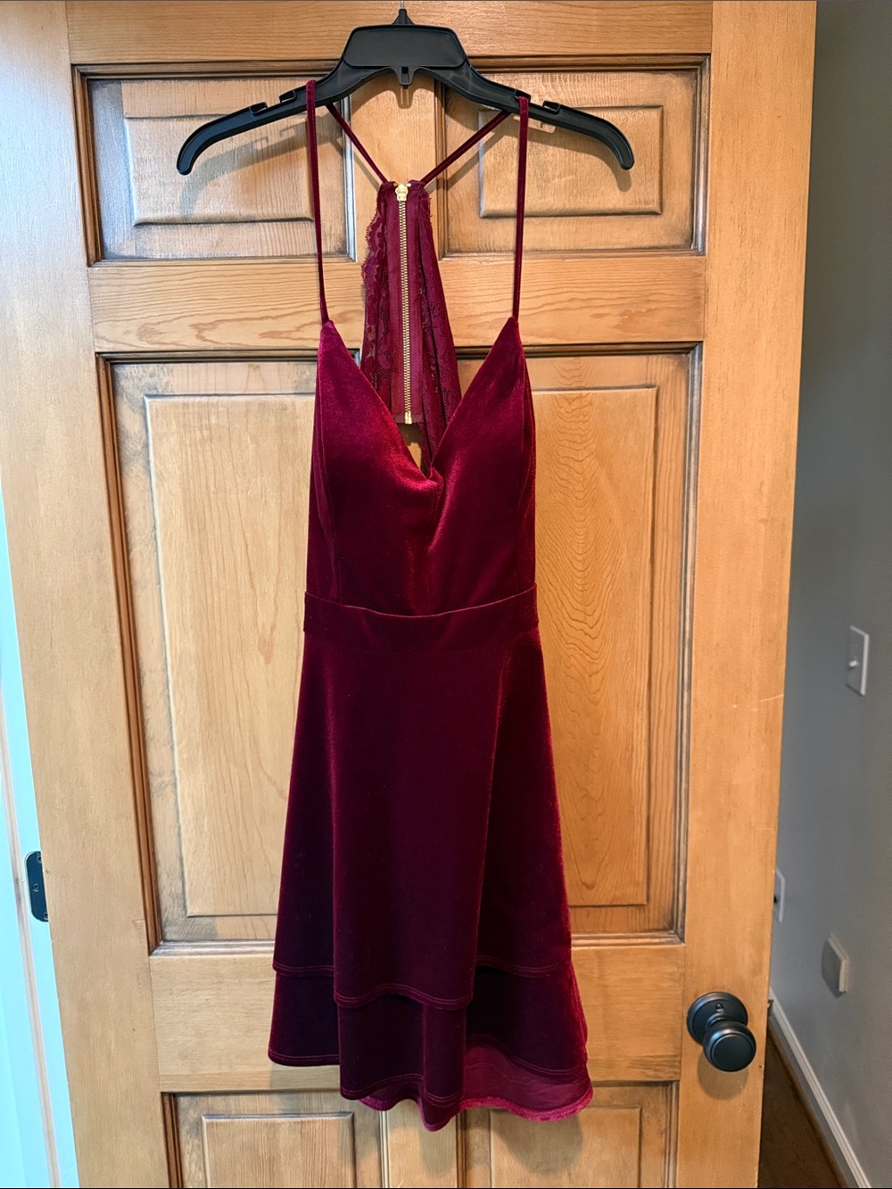 B Darlin Velvet Mini Dress in Burgundy Red with Lace Back
